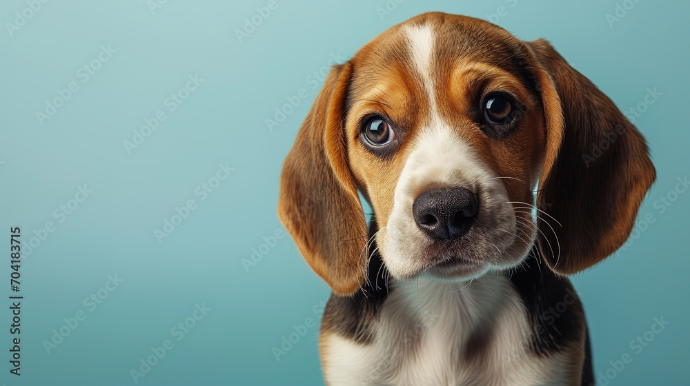 Adorable beagle puppy with curious questioning face isolated on light blue background with copy space.