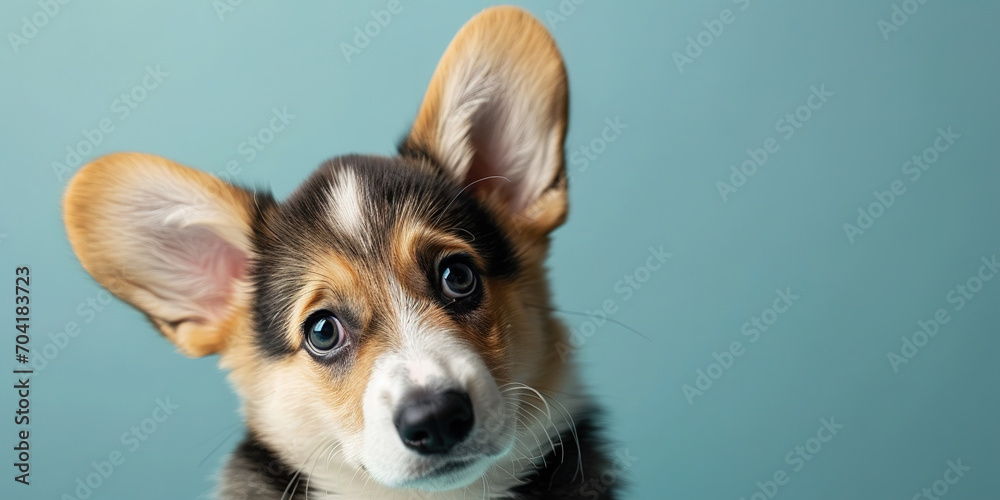 Adorable corgi puppy with curious questioning face isolated on light blue background with copy space. - obrazy, fototapety, plakaty 