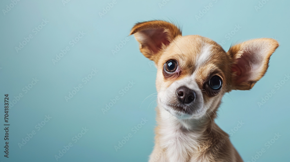 Adorable chihuahua puppy with curious questioning face isolated on light blue background with copy space. Adorable chihuahua puppy with curious questioning face isolated on light blue background with copy space.
