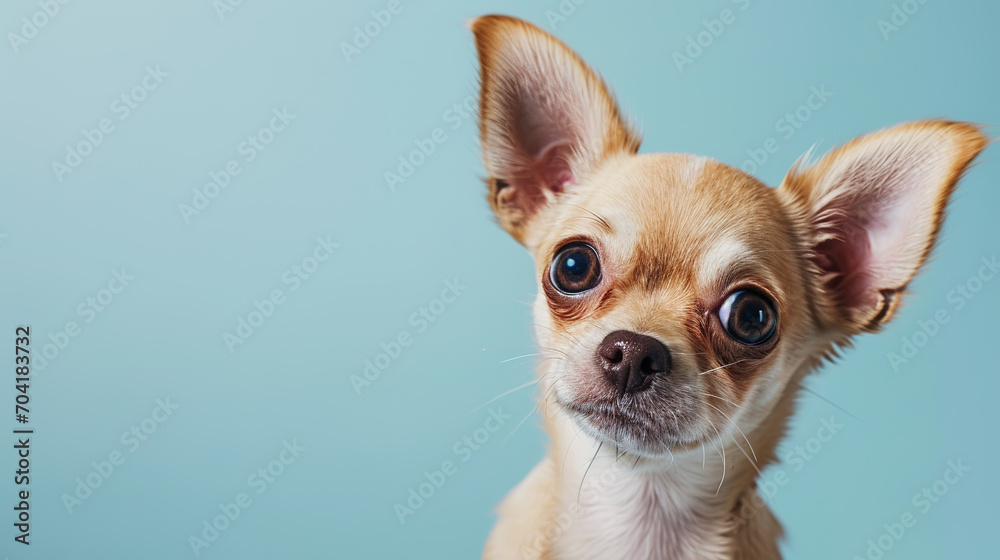 Adorable chihuahua puppy with curious questioning face isolated on light blue background with copy space.