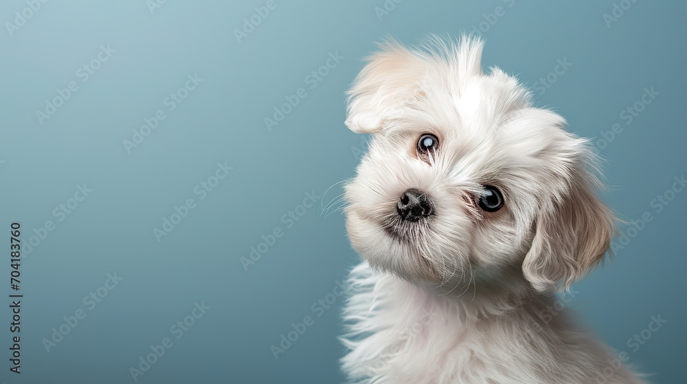 Adorable maltese puppy with curious questioning face isolated on light blue background with copy space. - obrazy, fototapety, plakaty 