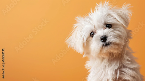 Adorable maltese puppy with curious questioning face isolated on light orange background with copy space.