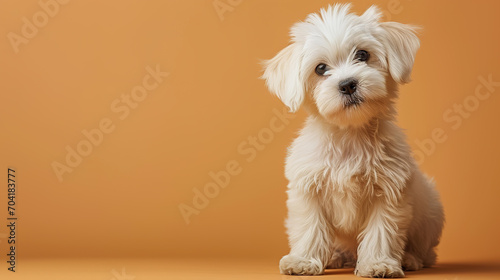 Adorable maltese puppy with curious questioning face isolated on light blue background with copy space. photo