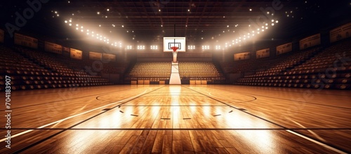 Illuminated basketball playground with brown pavement, modern and luxurious new basketball net and lens flare photo
