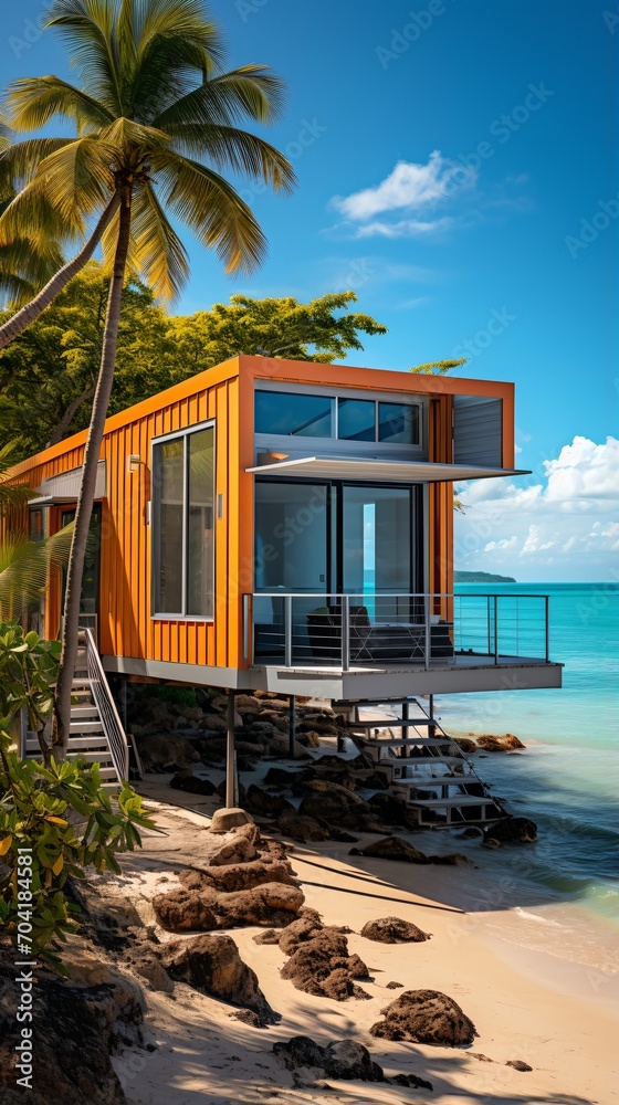 Fototapeta premium Modern beach house with palm trees and ocean views