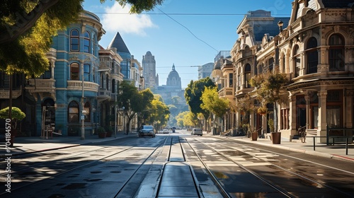 Urban city street with cable car tracks and colorful buildings photo
