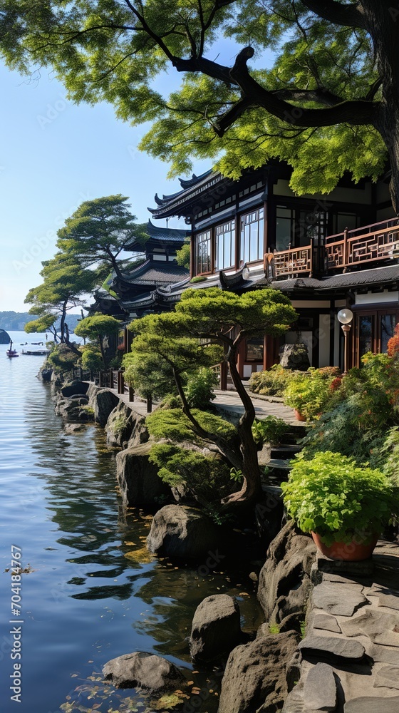 Oriental lake house with lush garden Oriental lake house with lush garden