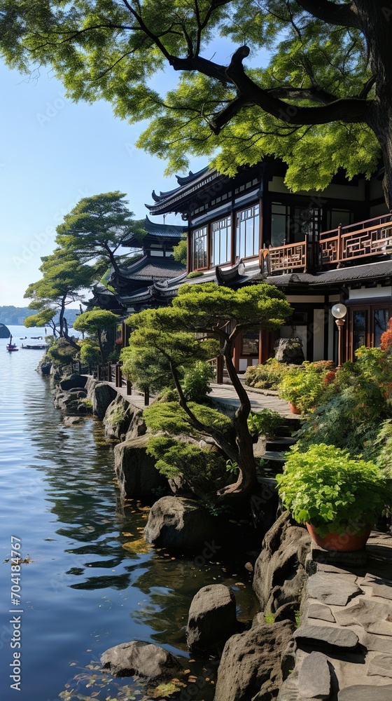 Oriental lake house with lush garden