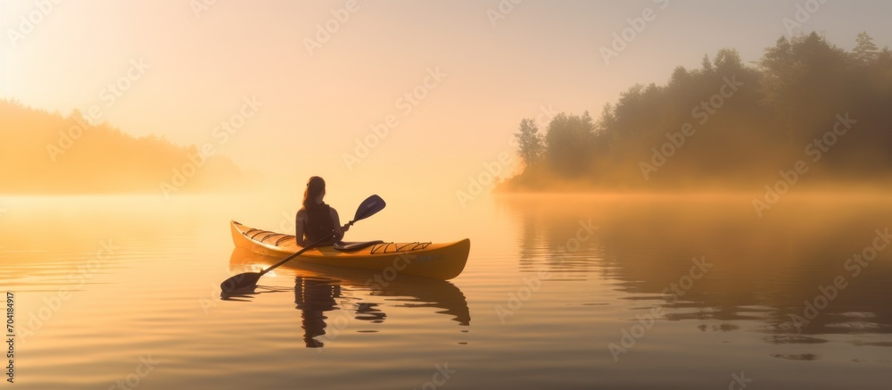 canoeist practicing on a lake at sunset sunset photo.