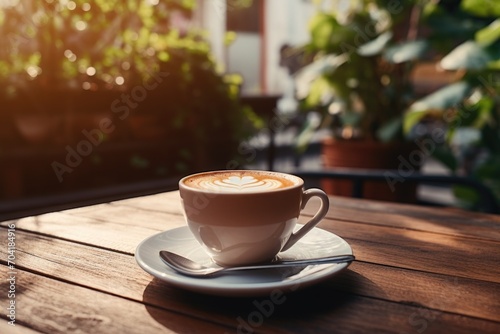 cup of coffee on wooden table 