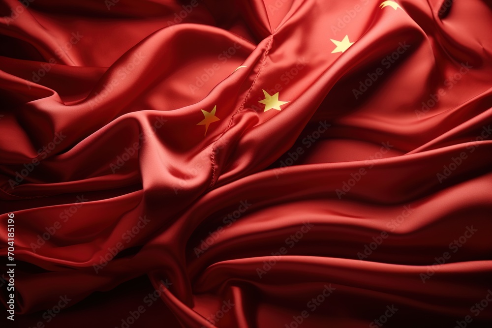 Red Chinese flag made of silk with five gold stars Red Chinese flag made of silk with five gold stars