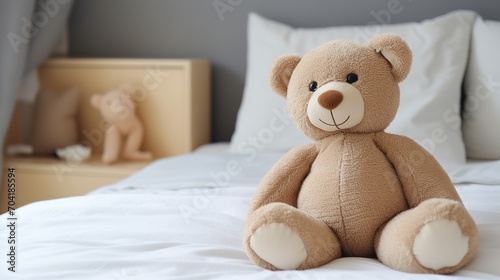 A cute teddy bear sitting on a bed