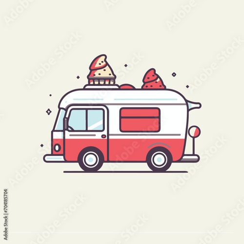 Food truck sellers. Foodtruck vendors takeaway meal street festival, icecream bus burger popcorn pizza coffee store car splendid vector illustration of truck food