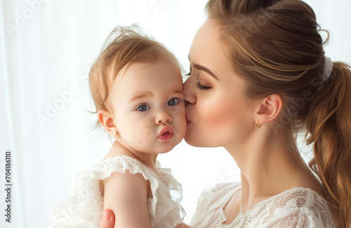 a mother kissing her baby in a white background