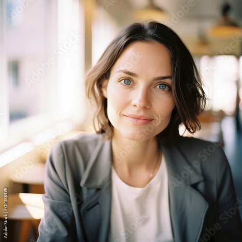 Portrait of a young woman with short brown hair and blue eyes wearing a white shirt and gray blazer