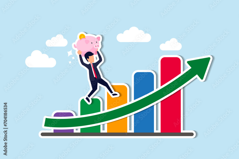 Growth stock, prosperity economic or growth return in savings and investment concept, confident businessman investor hold wealthy pink piggy bank walking up rising green arrow stock market bar graph.
