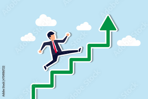 Improvement or career growth, stairway to success, growing income or improve skill to achieve business target concept, confidence businessman step walking up stair of success with rising up arrow. © B Design
