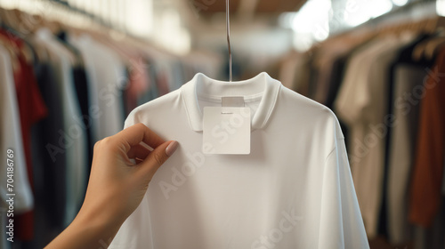 Close-up of woman's hand holding price tag on shirt first photo