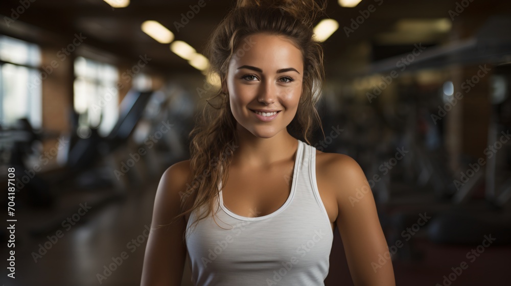 Portrait of a young woman in a white tank top smiling in a gym