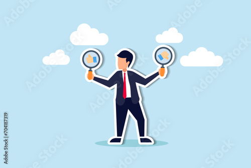 Do and Don't list, suggestion, advice or rules that make business success, things to do, solutions or to avoid mistake and error concept, smart businessman holding waring thumb up and thumb down sign.