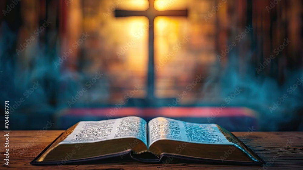 Opening book of Holy Bible with text on blurred cross background 