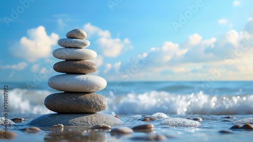 Spa background concept  Zen stones on blue sky and sea beach 