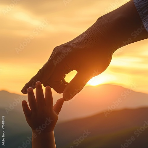 World autism awareness day concept: Child's hand holding parent's finger on blurred mountain sunset background