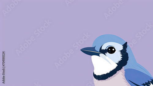 Bluejay or bluebird cartoon illustration, graphic banner with purple background and copyspace