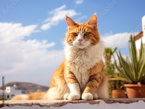 ginger cat on a wall looking at the camera