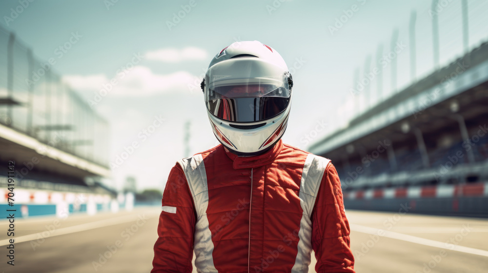 Fototapeta premium concept racer,Man dressed as a racer, Motorsport car racer in race car track.