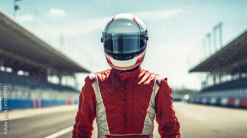 concept racer,Man dressed as a racer, Motorsport car racer in race car track. © CStock