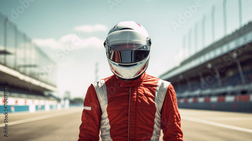 concept racer,Man dressed as a racer, Motorsport car racer in race car track. © CStock