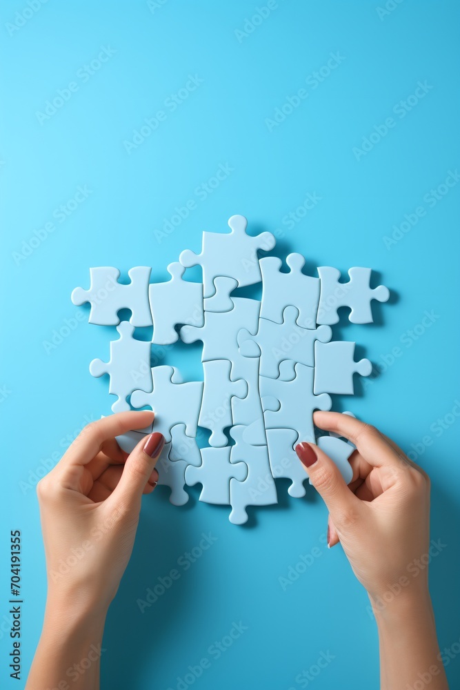 A hand holding a puzzle piece to complete the puzzle, A hand holding a puzzle piece to complete the puzzle,