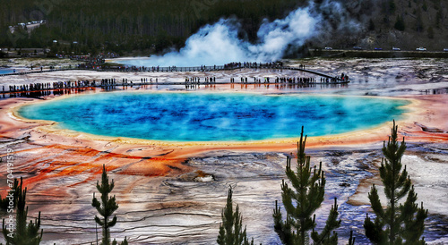 Spectacular panoramic views of Grand Prismatic Geyser in Yellowstone National Park, Wyoming Montana. Midway Geyser Basin. Great hiking. Summer wonderland to watch natural landscape. Geothermal.