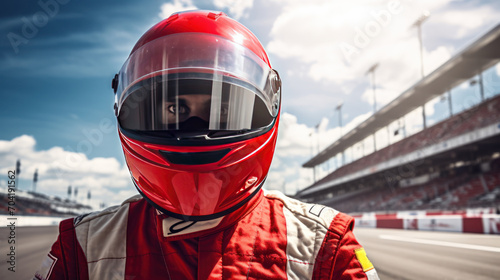 concept racer,Man dressed as a racer, Motorsport car racer in race car track.