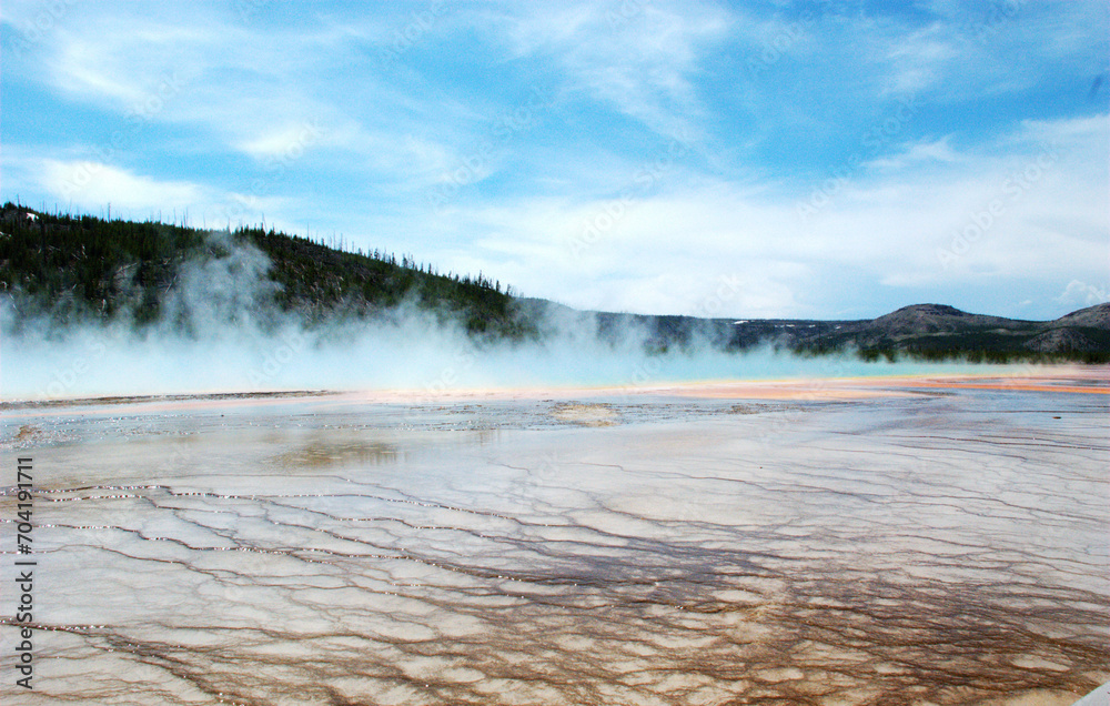 Spectacular panoramic views of Grand Prismatic Geyser in Yellowstone National Park, Wyoming Montana. Midway Geyser Basin. Great hiking. Summer wonderland to watch natural landscape. Geothermal. Spectacular panoramic views of Grand Prismatic Geyser in Yellowstone National Park, Wyoming Montana. Midway Geyser Basin. Great hiking. Summer wonderland to watch natural landscape. Geothermal.