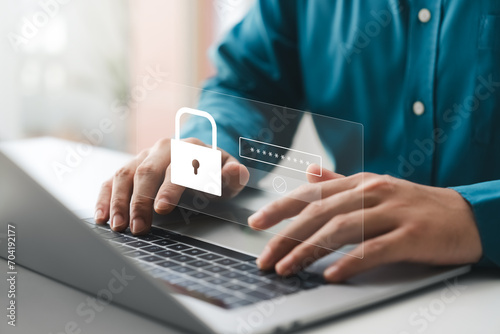 CyberSecurity Protects Login and Secure Internet Access, businessman using laptop internet network for Data Protection, significance of secure login and data protection in the digital world. photo