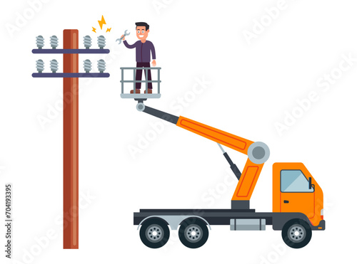 man repairing an electric pole. flat vector illustration