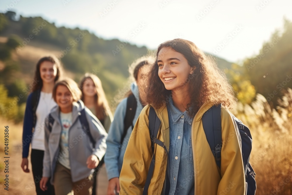 Happy multiethnic teenage friends hiking in nature