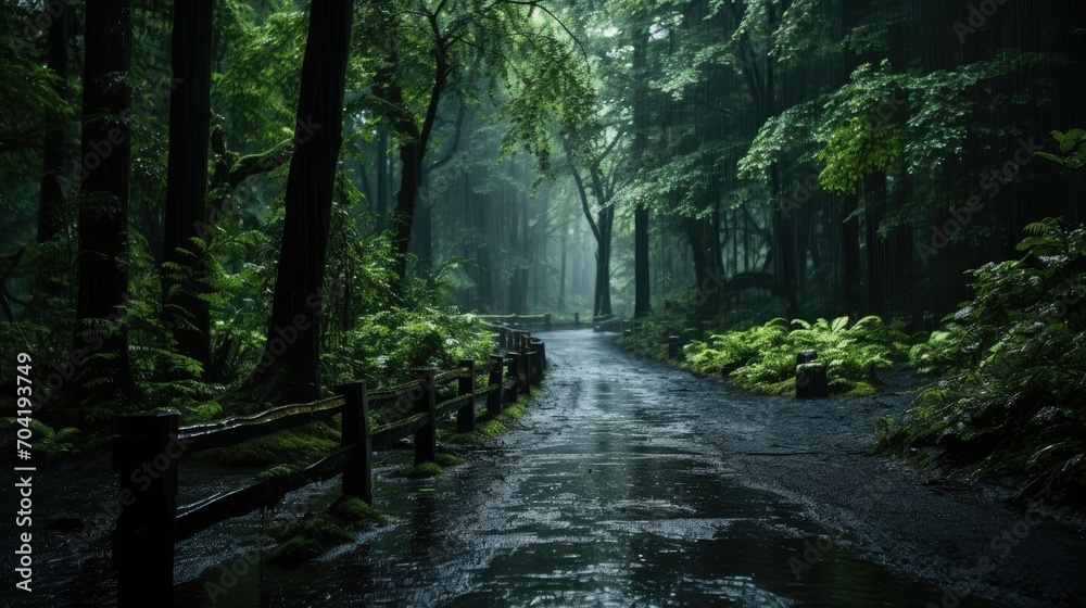Obraz premium Display of a muddy lane in the midst of a dense forest, a dense green forest soaked by rain with scarce sunlight