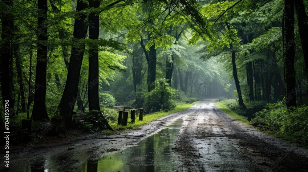 Obraz premium Landscape of a muddy street amidst a thick woodland, a vibrant green forest dampened by rain with limited sunlight