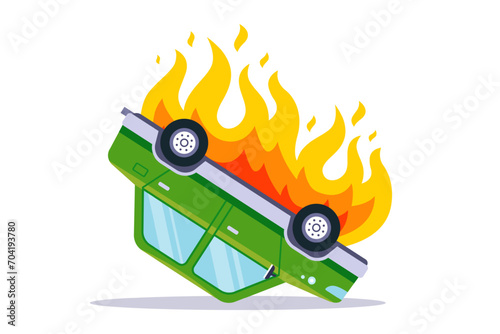burning overturned car. flat vector illustration