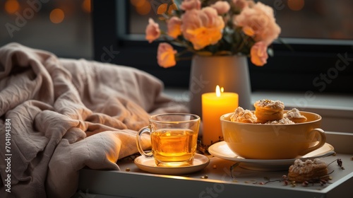 Still life with tea, flowers, and candle