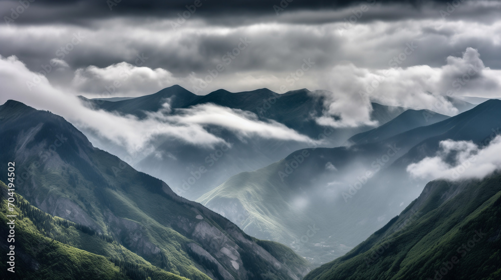 Clouds over a mountain green valley. Seven hills. AI Clouds over a mountain green valley. Seven hills. AI