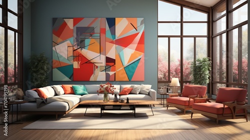 Modern living room interior with large colorful painting photo