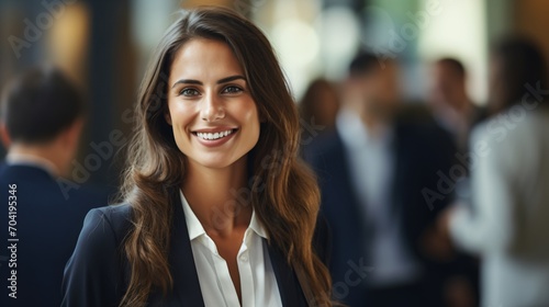 Confident businesswoman in a suit smiling at the camera