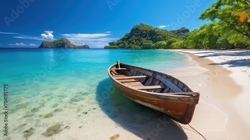 Wooden boat on a tropical beach with white sand and crystal clear water © duyina1990