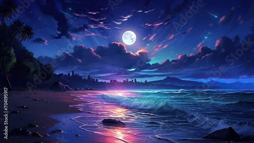 Moonlit Beach View: Soothing Waves Meeting the Serene Shoreline. 4K Seamless Looping Video Background.