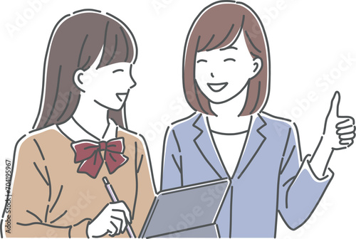 笑顔で勉強を教わる女子高生と女性教師のイラスト素材