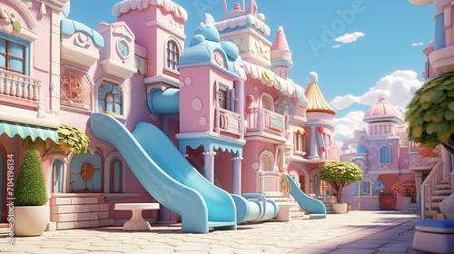 Kawaii pastel city street with colorful buildings and a playground